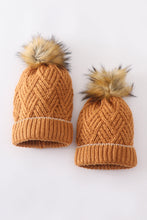 Load image into Gallery viewer, Camel cross cable knit pom pom beanie hat baby toddler adult
