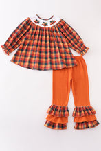 Load image into Gallery viewer, Orange turkey embroidery smocked plaid girl set
