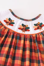 Load image into Gallery viewer, Orange turkey embroidery smocked plaid girl set
