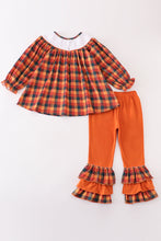 Load image into Gallery viewer, Orange turkey embroidery smocked plaid girl set
