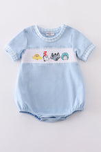 Load image into Gallery viewer, Blue Dr. Seuss embroidery smocked bubble

