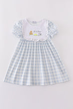 Load image into Gallery viewer, Blue plaid he is risen embroidery dress
