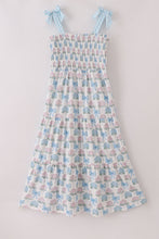 Load image into Gallery viewer, Blue hydrangea bow smocked mom&amp;me dress
