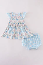 Load image into Gallery viewer, Blue hydrangea bow print ruffle bloomer set

