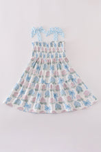 Load image into Gallery viewer, Blue hydrangea bow smocked mom&amp;me dress
