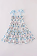 Load image into Gallery viewer, Blue hydrangea bow smocked mom&amp;me dress

