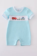 Load image into Gallery viewer, Blue fire truck police car embroidery smocked romper
