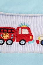 Load image into Gallery viewer, Blue fire truck police car embroidery smocked romper
