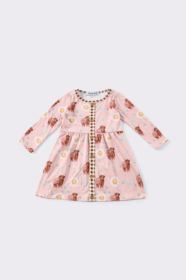 Highland Cow Plaid Button Dress