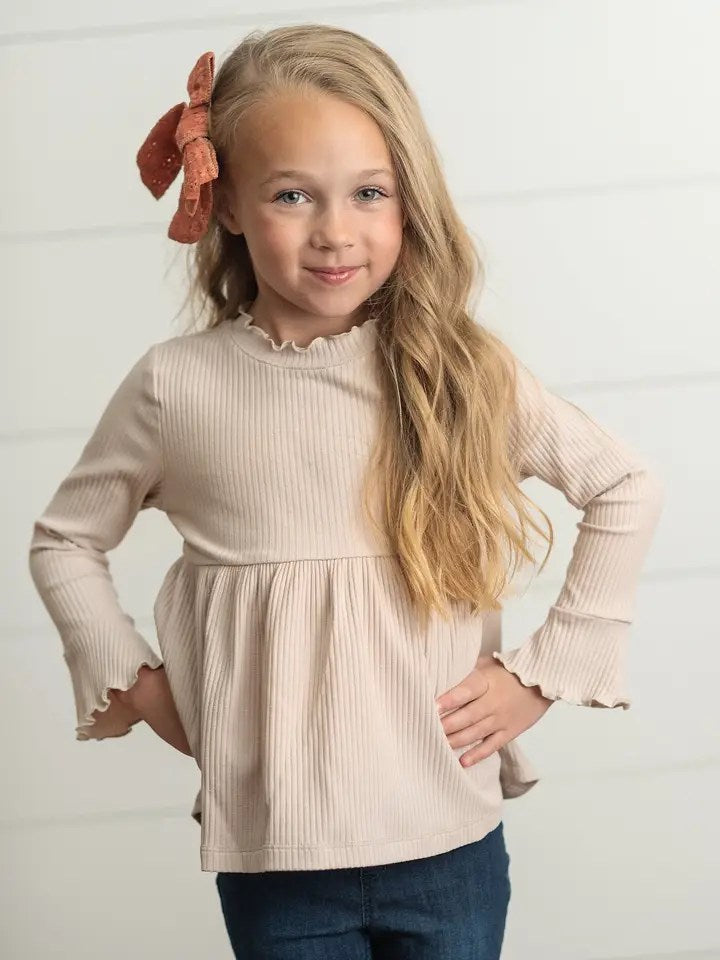 Beige Ecru Long Sleeve Lettuce Trim Ribbed Fall Shirt
