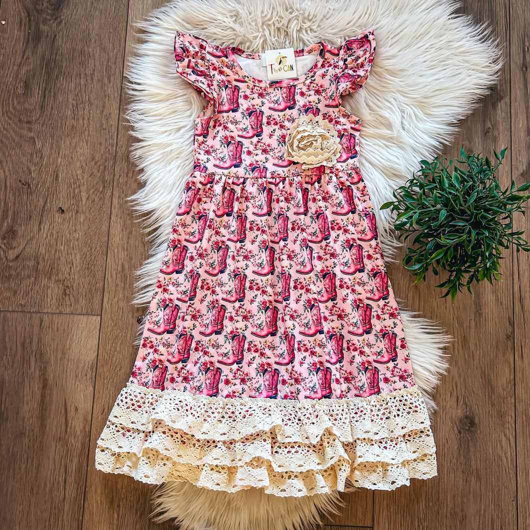 Pink Boots Triple Ruffle Dress