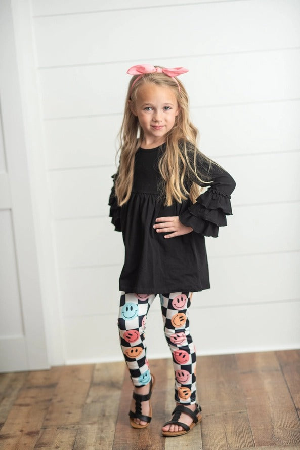 Black & White Check Smiley Face Ruffle Top Leggings Set