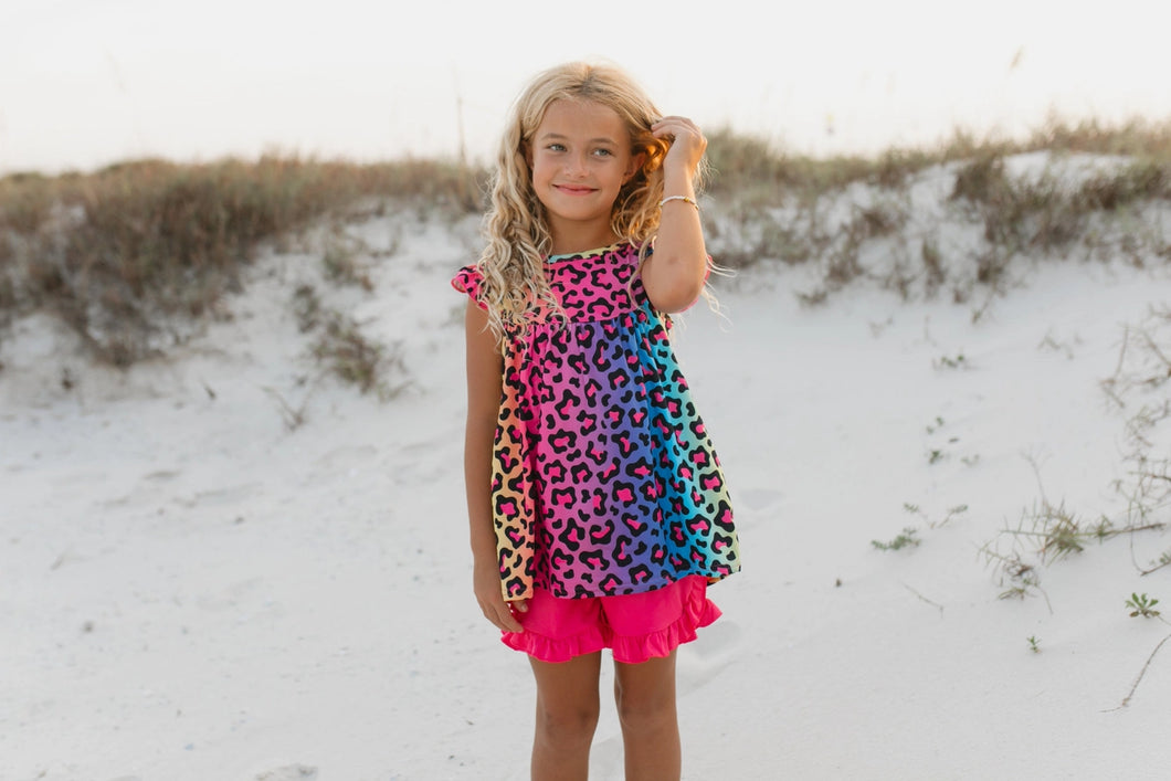 Vibrant Rainbow Leopard Shorts Set