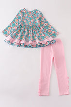 Load image into Gallery viewer, Premium Green floral print ruffle girl set
