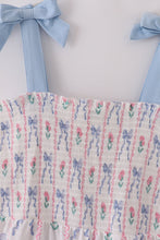 Load image into Gallery viewer, Blue floral bow print smocked mom dress
