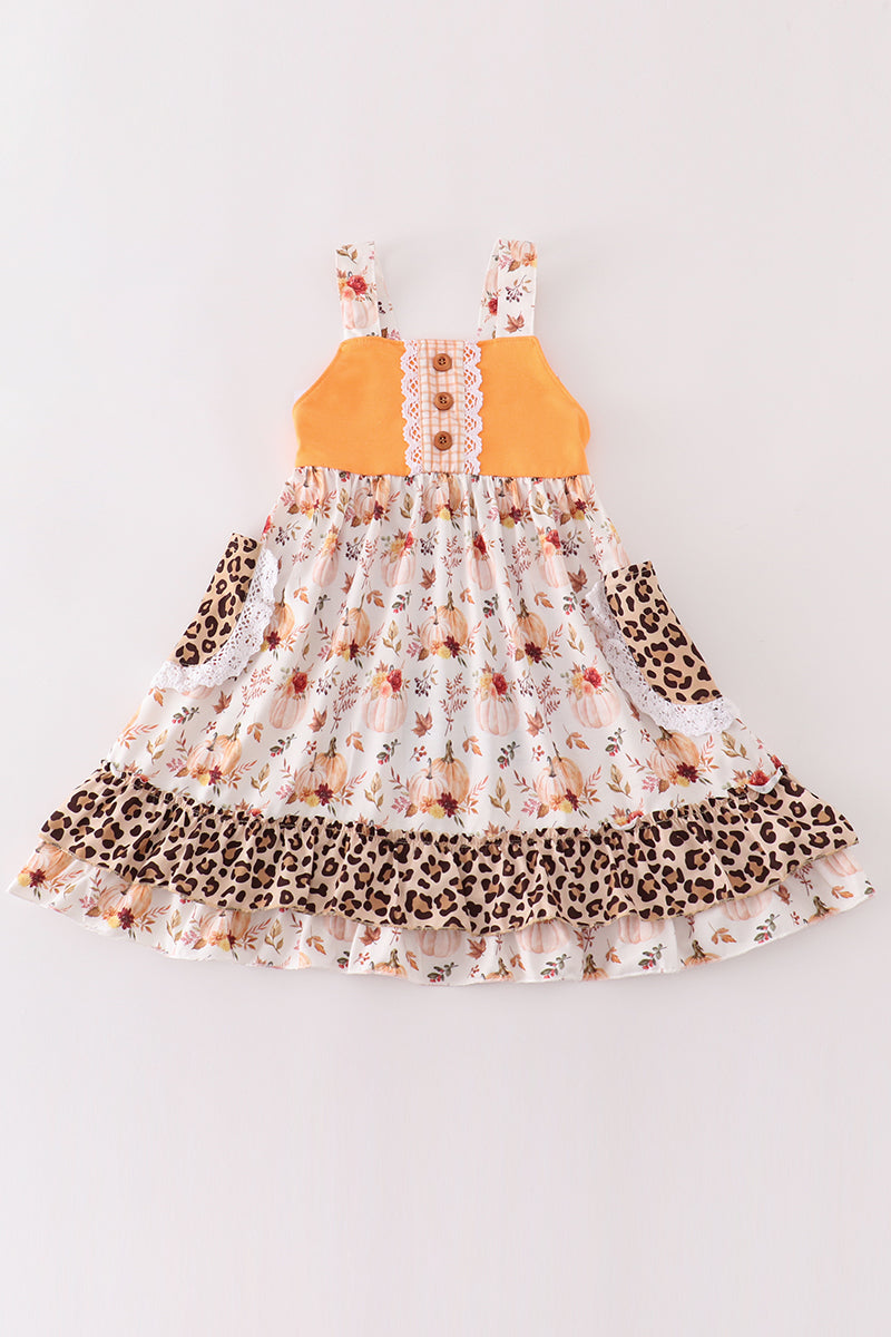Orange pumpkin leopard ruffle dress