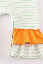 Load image into Gallery viewer, Orange wheelbarrow pumpkin applique stripe girl romper
