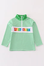 Load image into Gallery viewer, Green stripe lucky charm french knot boy pullover
