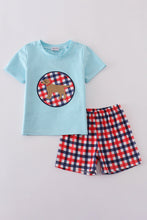 Load image into Gallery viewer, Blue puppy gingham applique shorts set
