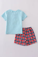 Load image into Gallery viewer, Blue puppy gingham applique shorts set
