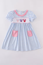 Load image into Gallery viewer, Blue character embroidery gingham ruffle dress
