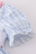 Load image into Gallery viewer, Blue character embroidery gingham ruffle dress

