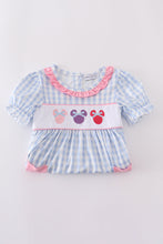 Load image into Gallery viewer, Blue character embroidery gingham ruffle dress

